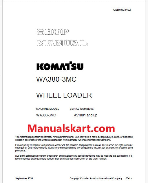 Komatsu WA380-3MC Wheel Loader Pdf Repair Service Manual Sn A51001 and UP