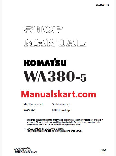 Komatsu WA380-5 Wheel Loader Pdf Repair Service Manual Sn 60001 and UP