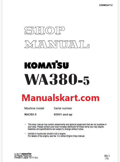 Komatsu WA380-5 Wheel Loader Pdf Repair Service Manual Sn 60001 and UP
