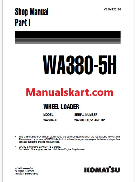 Komatsu WA380-5H Wheel Loader Pdf Repair Service Manual Sn WA380H50051 and UP