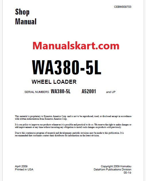 Komatsu WA380-5L Wheel Loader Pdf Repair Service Manual Sn A52001 and UP