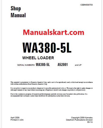 Komatsu WA380-5L Wheel Loader Pdf Repair Service Manual Sn A52001 and UP