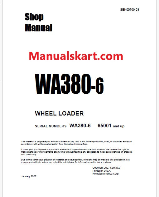 Komatsu WA380-6 Wheel Loader Pdf Repair Service Manual Sn 65001 and UP