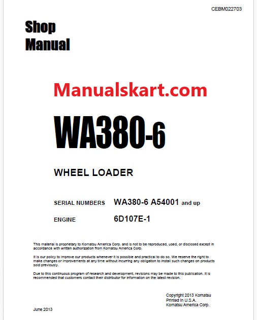 Komatsu WA380-6 Wheel Loader Pdf Repair Service Manual Sn A54001 and UP