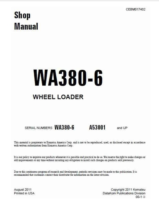 Komatsu WA380-6 Wheel Loader Pdf Shop Repair Service Manual Sn A53001 And Up