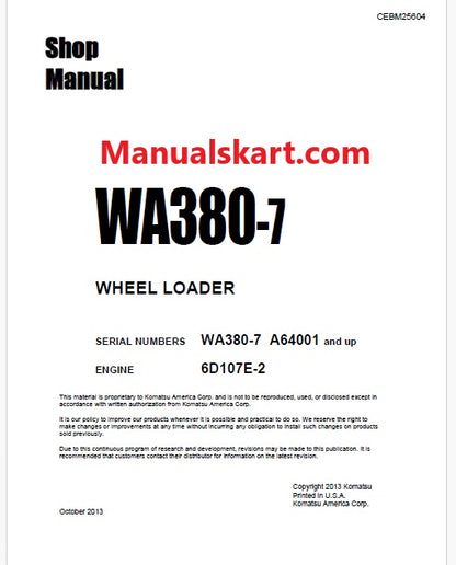 Komatsu WA380-7 Wheel Loader Pdf Repair Service Manual Sn A64001 and UP