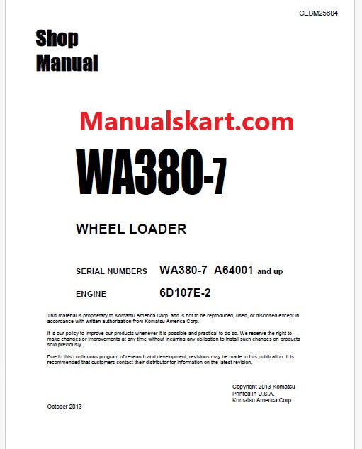 Komatsu WA380-7 Wheel Loader Pdf Repair Service Manual Sn A64001 and UP