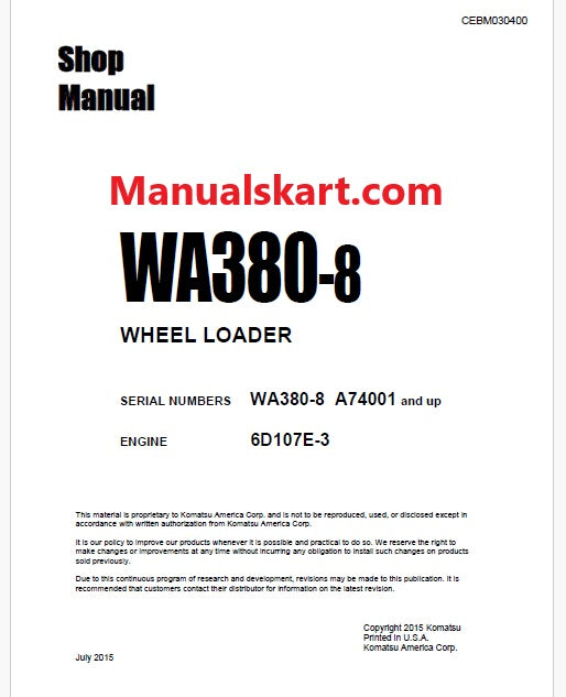 Komatsu WA380-8 Wheel Loader Pdf Repair Service Manual Sn A74001 and UP