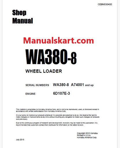 Komatsu WA380-8 Wheel Loader Pdf Repair Service Manual Sn A74001 and UP