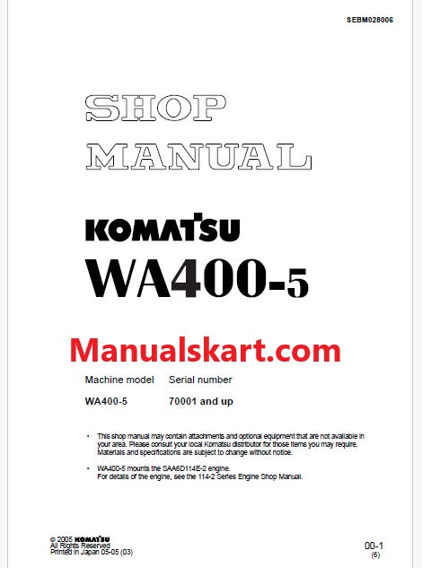 Komatsu WA400-5 Wheel Loader Pdf Repair Service Manual Sn 70001 and UP
