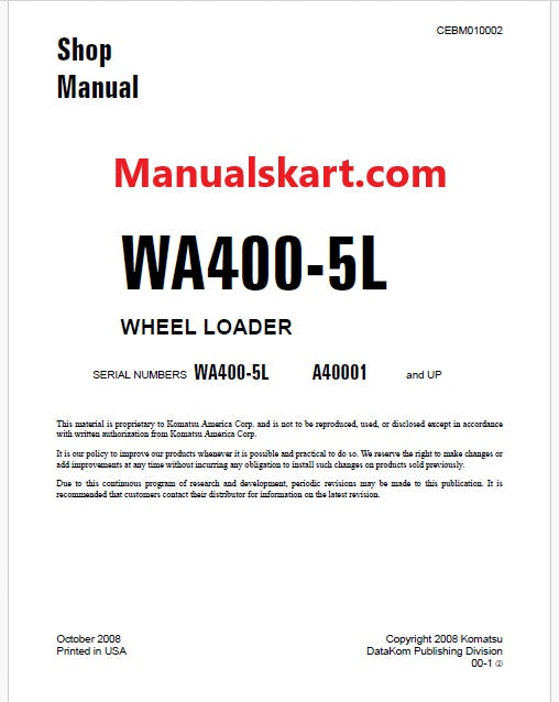 Komatsu WA400-5L Wheel Loader Pdf Repair Service Manual Sn A40001 and UP