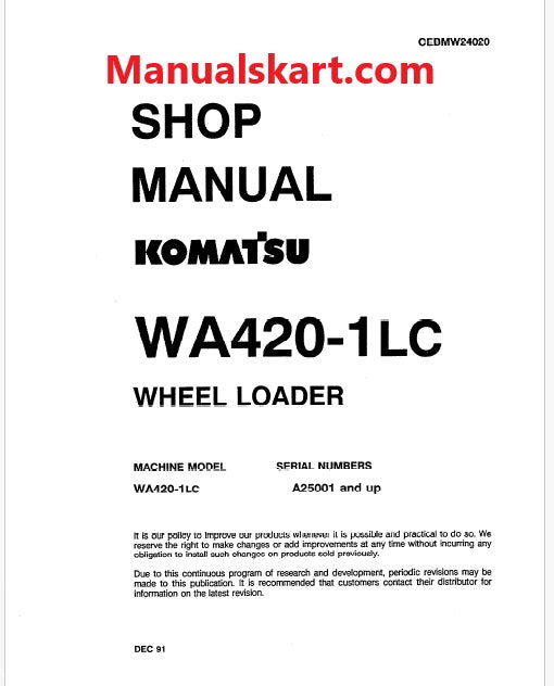Komatsu WA420-1 LC Wheel Loader Pdf Repair Service Manual Sn A25001 and UP
