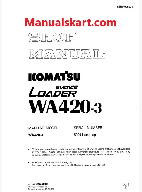 Komatsu WA420-3 Avance Wheel Loader Pdf Repair Service Manual Sn 50001 and UP