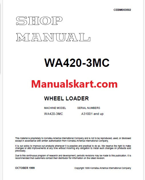 Komatsu WA420-3MC Wheel Loader Pdf Repair Service Manual Sn A31001 and UP