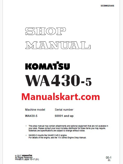 Komatsu WA430-5 Wheel Loader Pdf Repair Service Manual Sn 60001 and UP