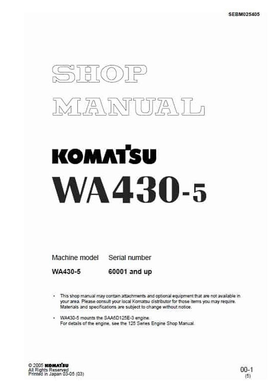 Komatsu WA430-5 Wheel Loader Pdf Shop Repair Service Manual Sn 60001 And Up