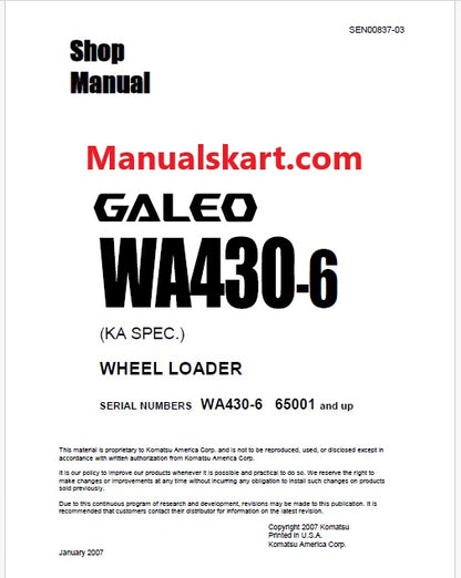 Komatsu Galeo WA430-6 Wheel Loader Pdf Repair Service Manual Sn 65001 and UP (KA SPEC.)