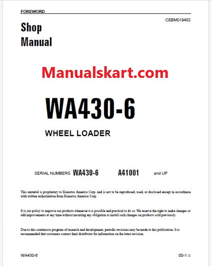 Komatsu WA430-6 Wheel Loader Pdf Repair Service Manual Sn A41001 and UP