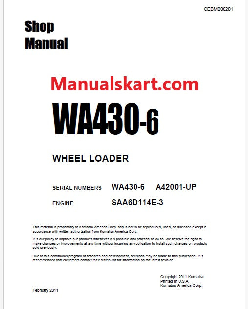 Komatsu WA430-6 Wheel Loader Pdf Repair Service Manual Sn A42001 and UP