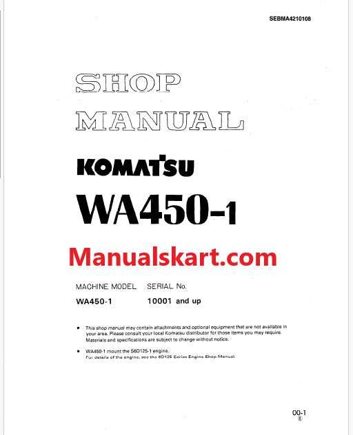 Komatsu WA450-1 Wheel Loader Pdf Repair Service Manual Sn 10001 and UP
