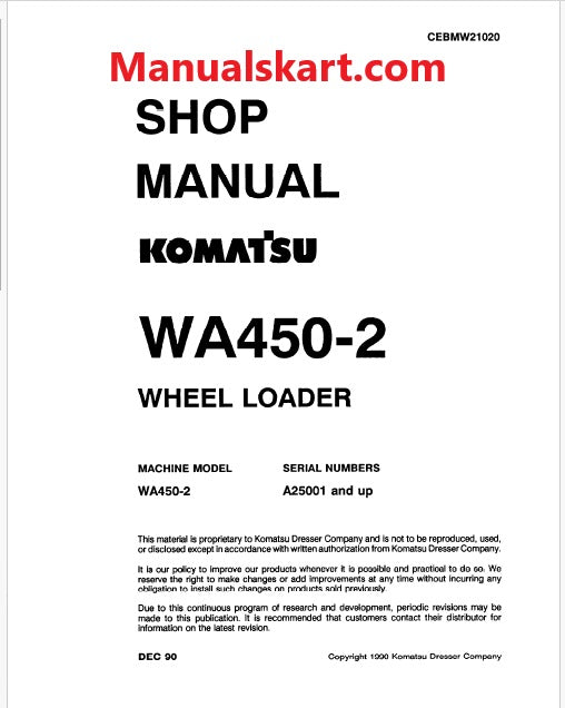 Komatsu WA450-2 Wheel Loader Pdf Repair Service Manual Sn A25001 and UP
