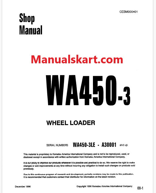 Komatsu WA450-3 LE Wheel Loader Pdf Repair Service Manual Sn A30001 and UP