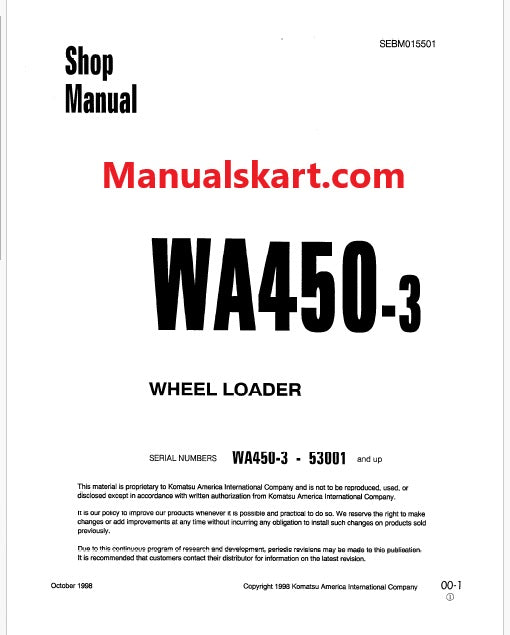 Komatsu WA450-3 Wheel Loader Pdf Repair Service Manual Sn 53001 and UP