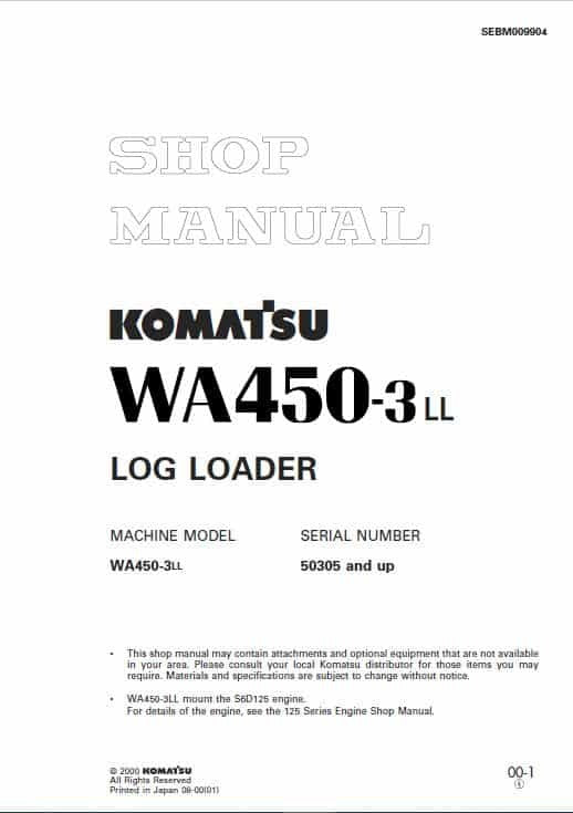 Komatsu WA450-3LL Log Loader Wheel Loader Pdf Shop Repair Service Manual Sn 50305 And Up