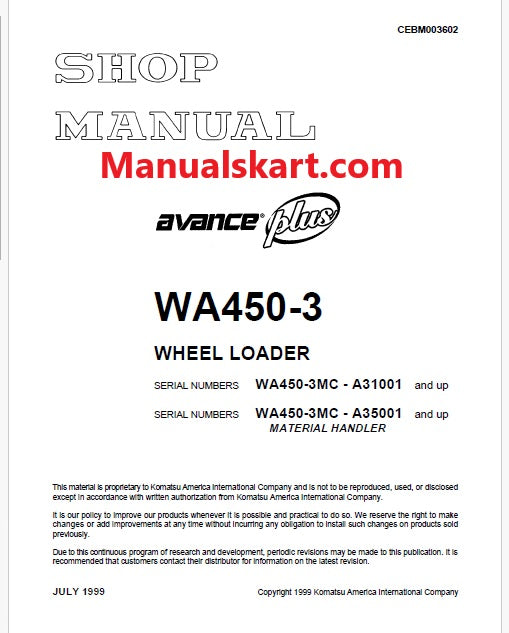 Komatsu WA450-3MC Avance Plus Wheel Loader/Material Handler Pdf Repair Service Manual Sn A31001 and UP