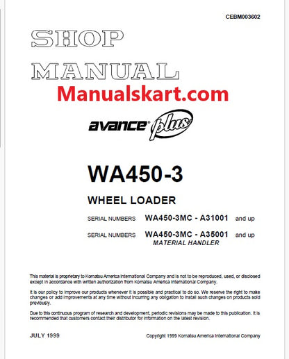 Komatsu WA450-3MC Avance Plus Wheel Loader/Material Handler Pdf Repair Service Manual Sn A31001 and UP