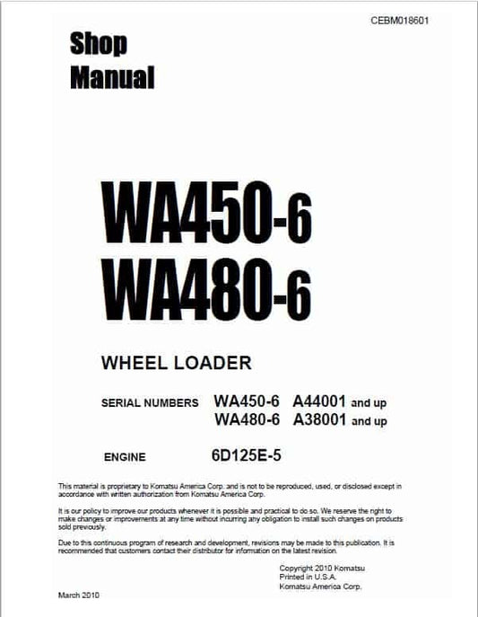 Komatsu WA450-6, WA480-6 Wheel Loader Pdf Shop Repair Service Manual