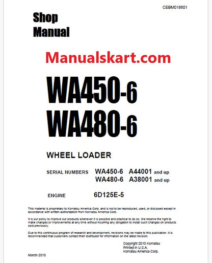 Komatsu WA480-6 Wheel Loader Pdf Repair Service Manual Sn A38001 and UP