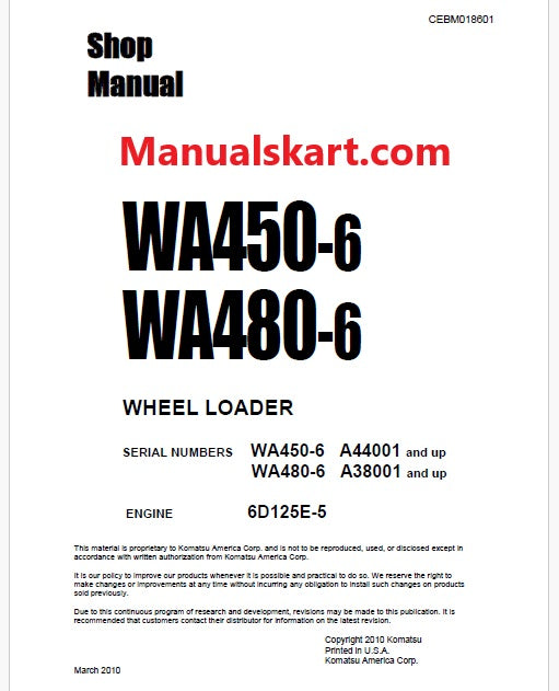 Komatsu WA480-6 Wheel Loader Pdf Repair Service Manual Sn A38001 and UP