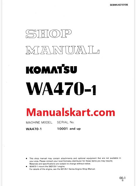 Komatsu WA470-1 Wheel Loader Pdf Repair Service Manual Sn 10001 and UP