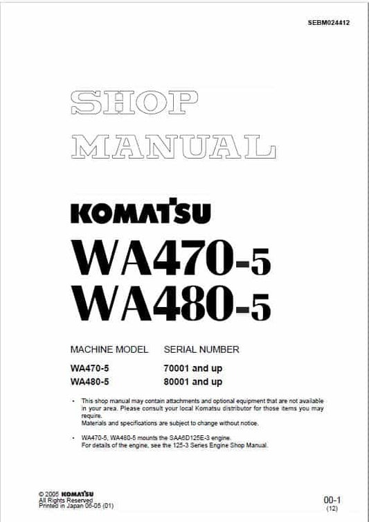 Komatsu WA470-5, WA480-5 Wheel Loader Pdf Shop Repair Service Manual