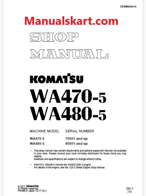 Komatsu WA470-5 Wheel Loader Pdf Repair Service Manual Sn 70001 and UP