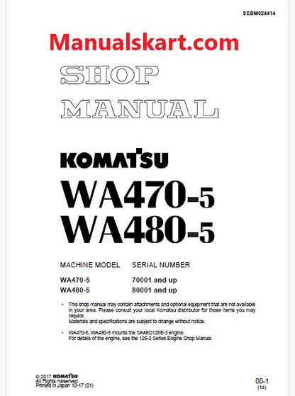Komatsu WA470-5 Wheel Loader Pdf Repair Service Manual Sn 70001 and UP