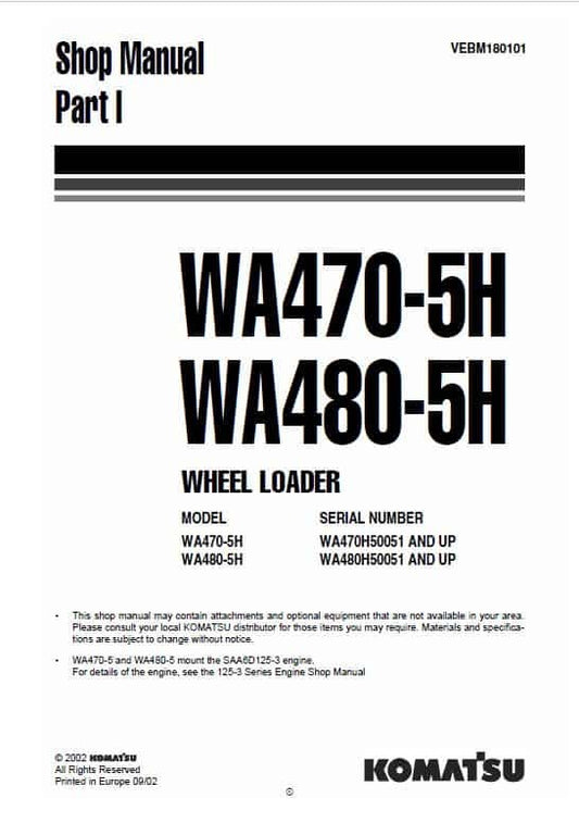 Komatsu WA470-5H, WA480-5H Wheel Loader Pdf Shop Repair Service Manual