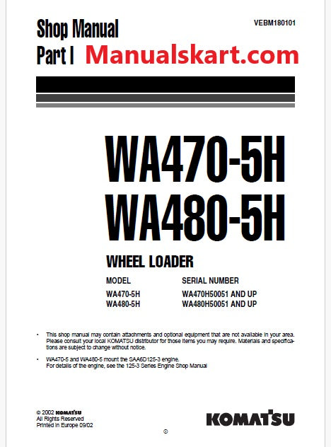 Komatsu WA470-5H Wheel Loader Pdf Repair Service Manual Sn WA470H50051 and UP