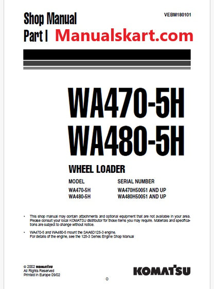 Komatsu WA470-5H Wheel Loader Pdf Repair Service Manual Sn WA470H50051 and UP