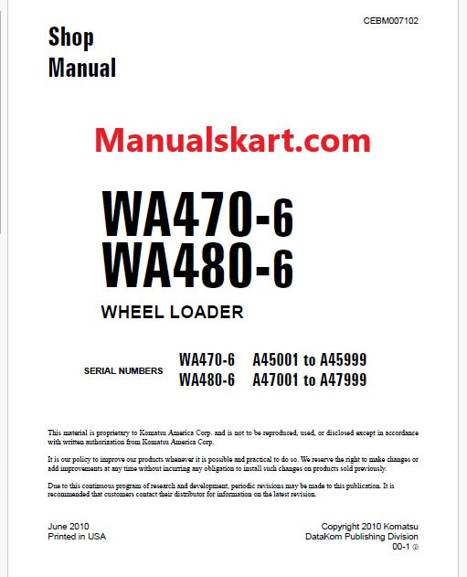 Komatsu WA470-6 Wheel Loader Pdf Repair Service Manual Sn A45001 to A45999