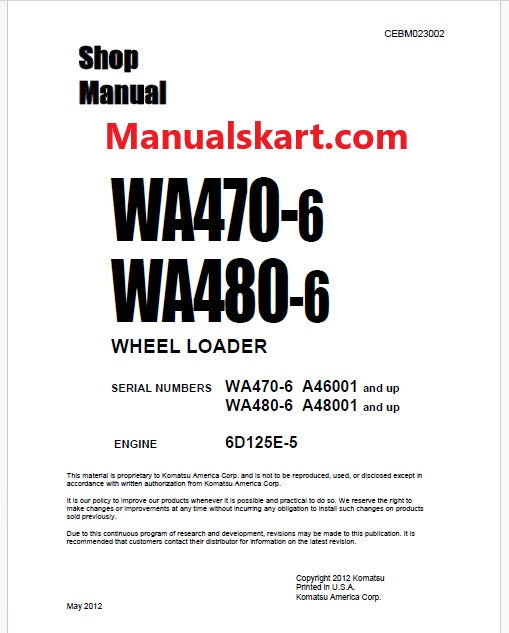 Komatsu WA470-6 Wheel Loader Pdf Repair Service Manual Sn A46001 and UP