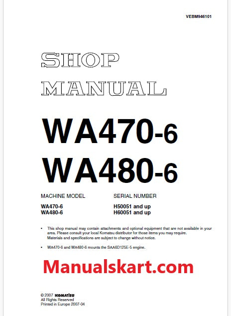 Komatsu WA470-6 Wheel Loader Pdf Repair Service Manual Sn H50051 and UP