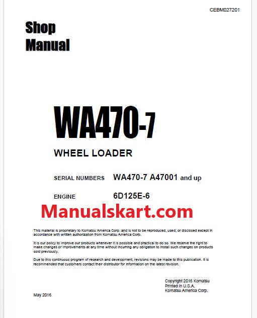 Komatsu WA470-7 Crawler Loader Pdf Repair Service Manual Sn A47001 and UP