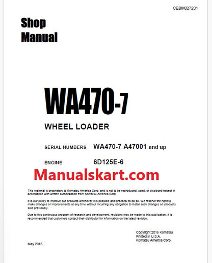 Komatsu WA470-7 Crawler Loader Pdf Repair Service Manual Sn A47001 and UP