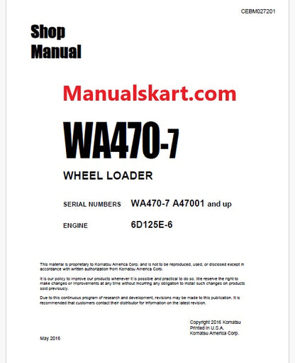 Komatsu WA470-7 Wheel Loader Pdf Repair Service Manual Sn A47001 and UP