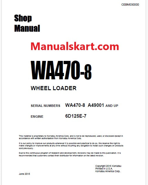 Komatsu WA470-8 Wheel Loader Pdf Repair Service Manual Sn A49001 and UP
