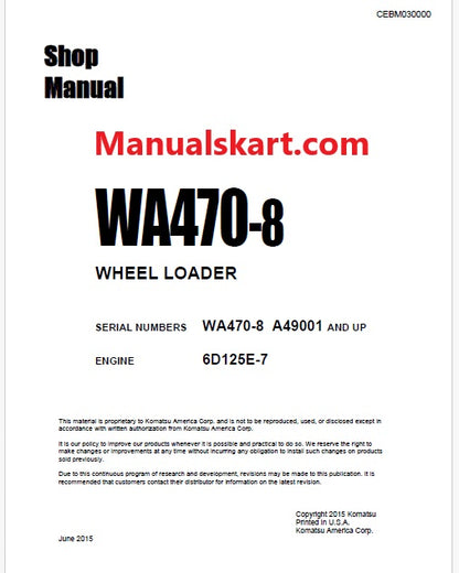 Komatsu WA470-8 Wheel Loader Pdf Repair Service Manual Sn A49001 and UP