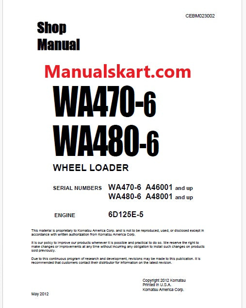 Komatsu WA480-6 Wheel Loader Pdf Repair Service Manual Sn A48001 and UP