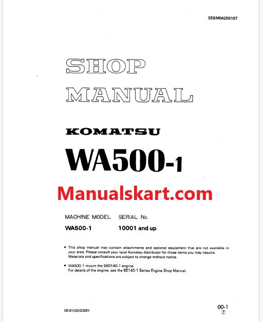 Komatsu WA500-1 Wheel Loader Pdf Repair Service Manual Sn 10001 and UP